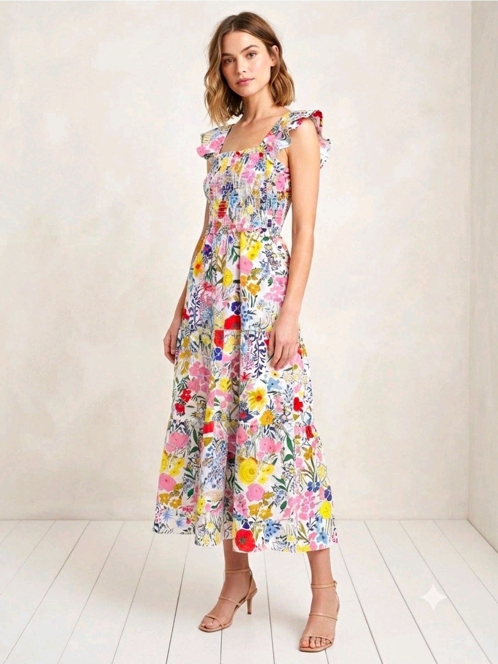 THML Floral Smocked Midi Dress in Pink, Yellow & Blue